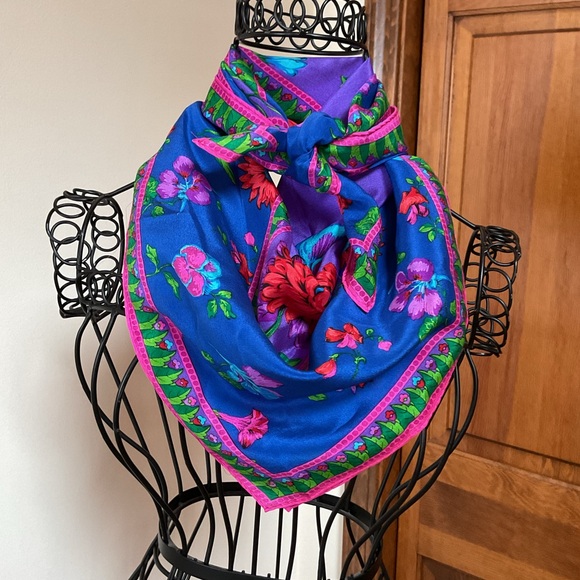 Vintage Accessories - Vintage Blue and Pink Floral silk Scarf 30”x30”